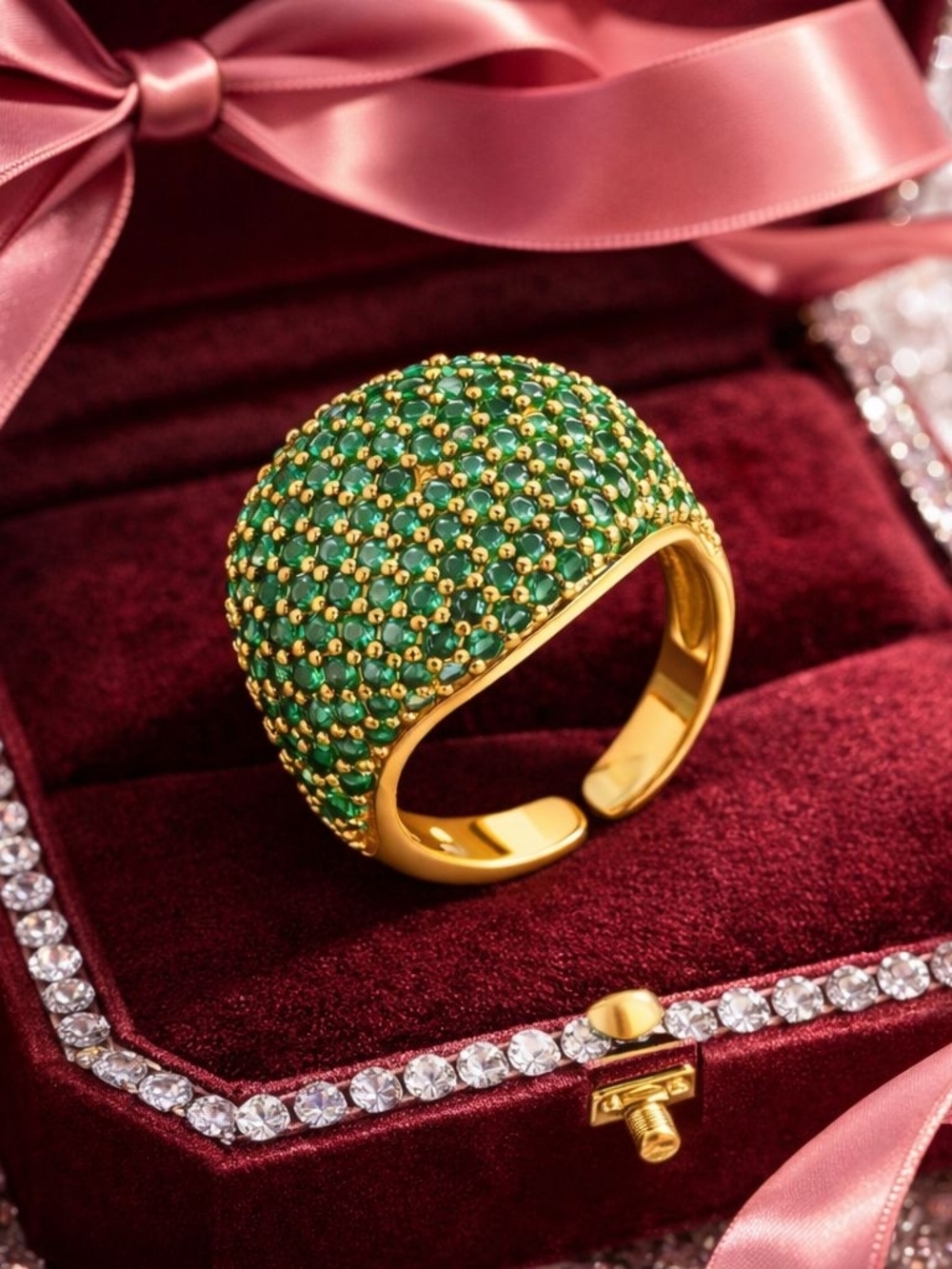 Gold Dome Ring with Emerald Green Pavé - Picture 2 of 5